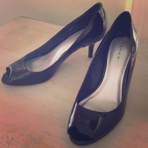 Tahari Black Patent Peep Toe Heels